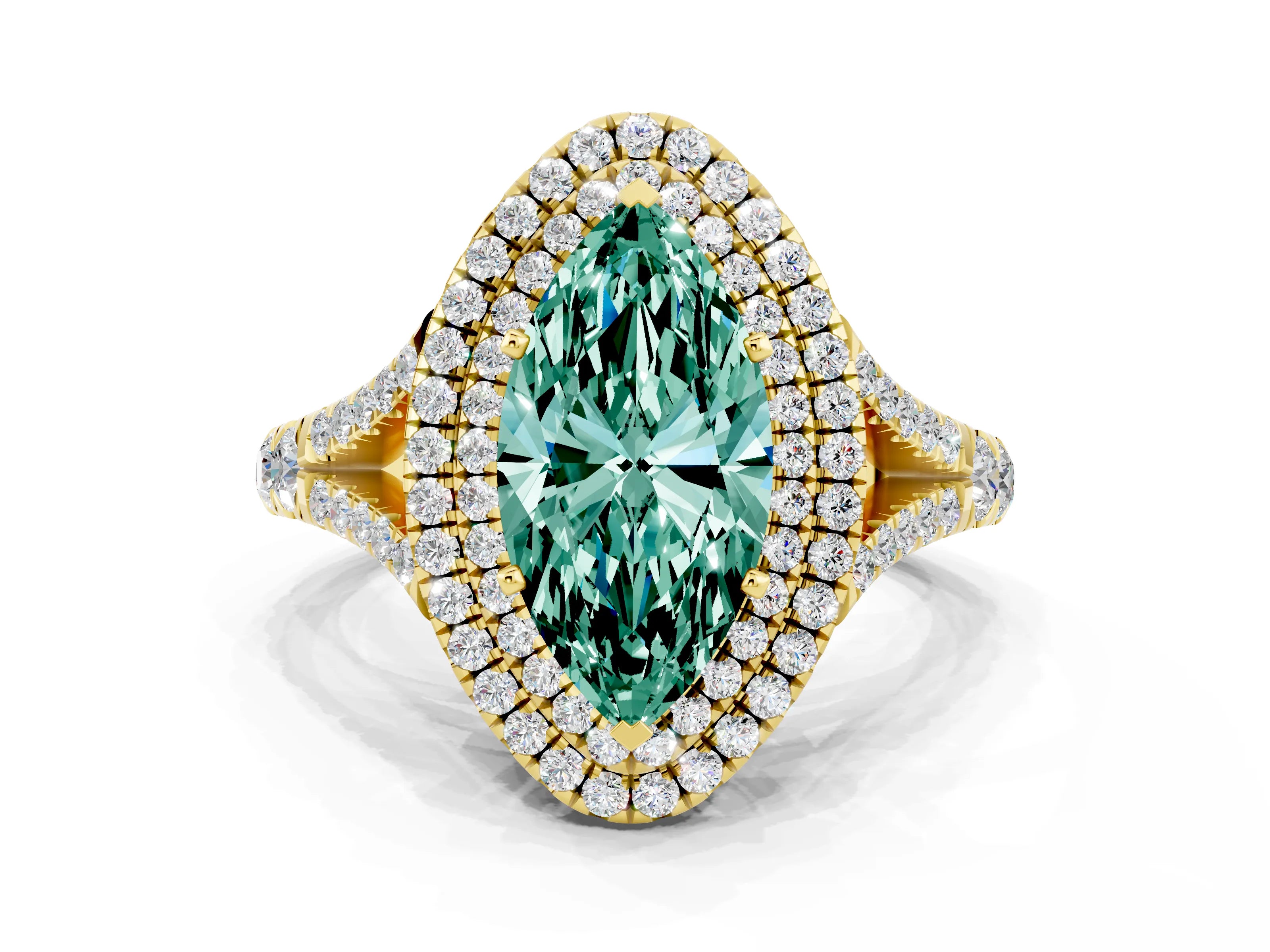 Yellow gold Double Halo Marquise Cut Green Sapphire Split Shank Engagement Ring with Four-Prong Setting