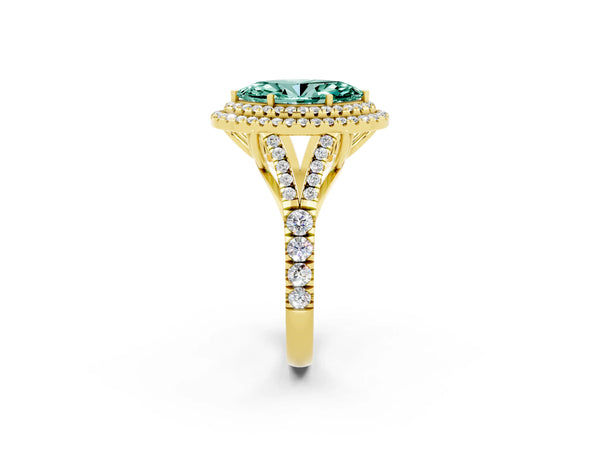 Yellow gold Double Halo Marquise Cut Green Sapphire Split Shank Engagement Ring with Four-Prong Setting