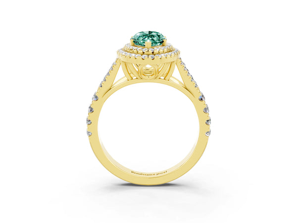Yellow gold Double Halo Marquise Cut Green Sapphire Split Shank Engagement Ring with Four-Prong Setting