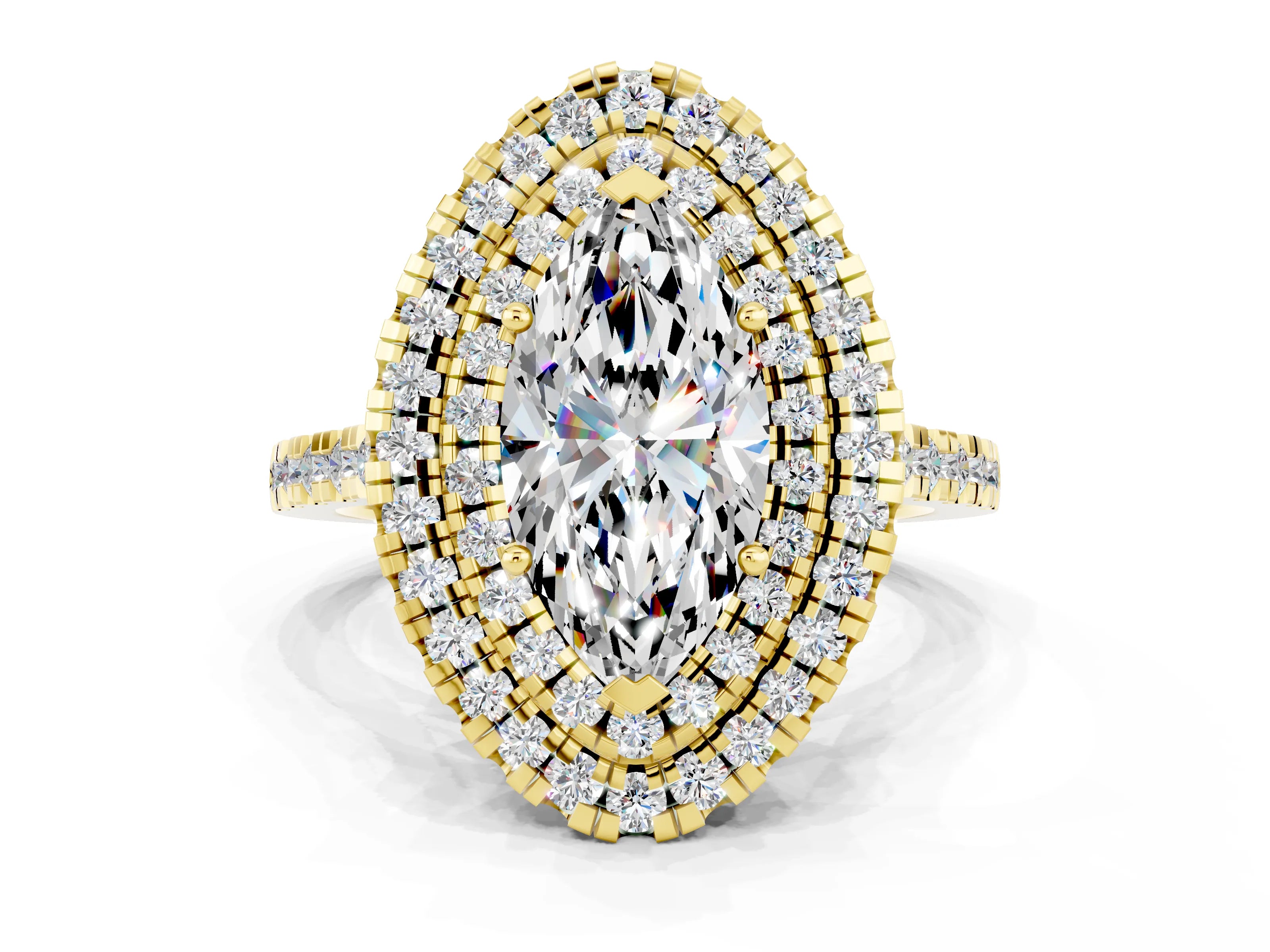 Yellow gold Double Halo Marquise Cut Moissanite Pavé Band with Four-Prong Setting