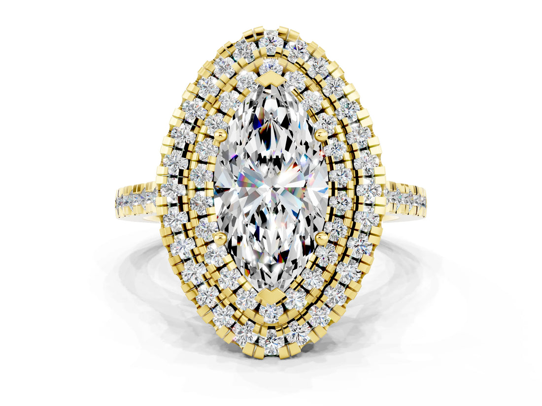 Yellow gold Double Halo Marquise Cut Moissanite Pavé Band with Four-Prong Setting