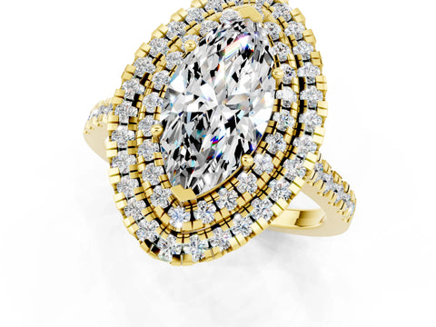 Yellow gold Double Halo Marquise Cut Moissanite Pavé Band with Four-Prong Setting_1