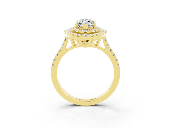 Yellow gold Double Halo Marquise Cut Moissanite Pavé Band with Four-Prong Setting