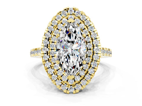 Yellow gold Double Halo Marquise Cut Moissanite Pavé Band with Four-Prong Setting