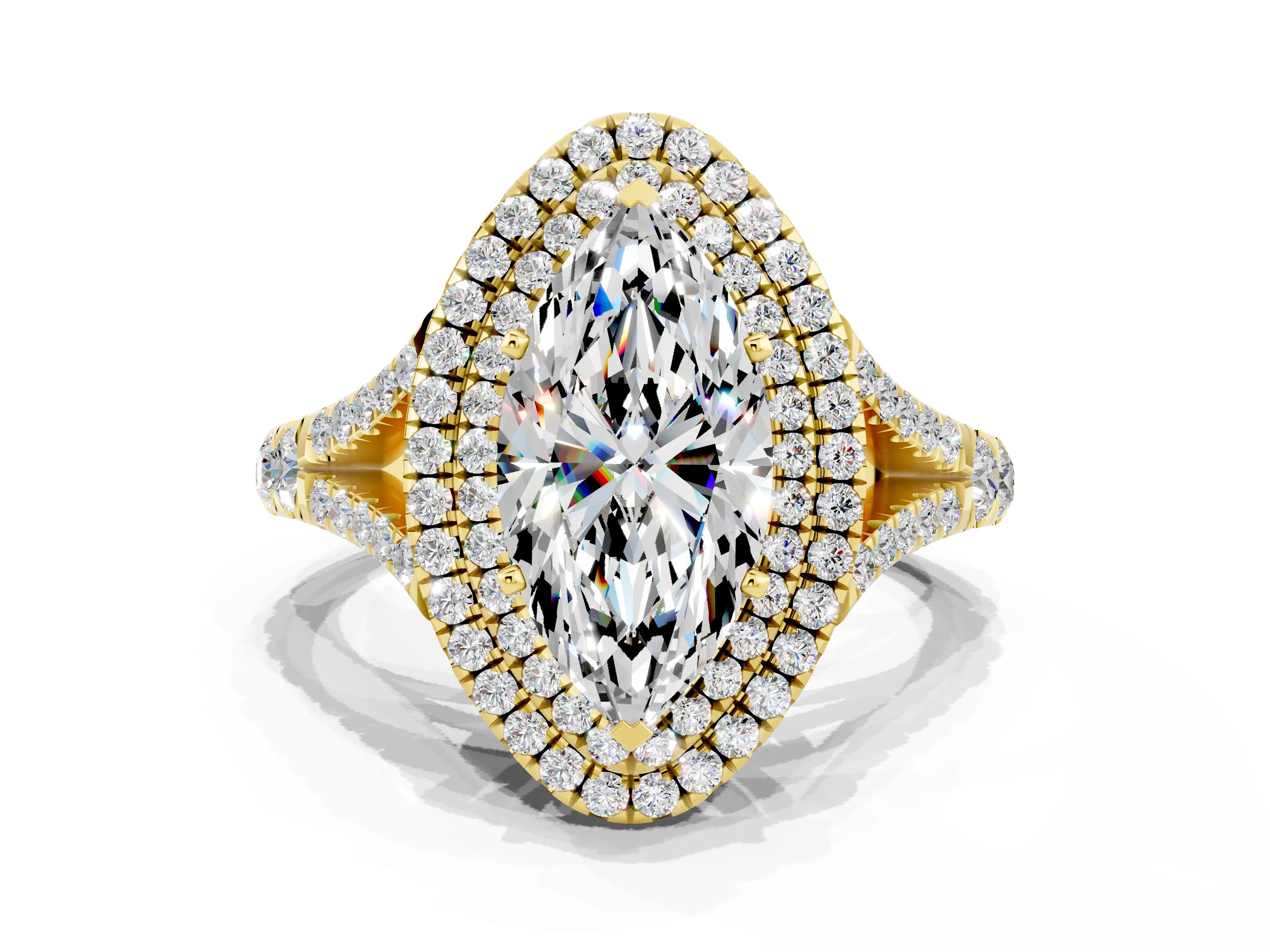 Yellow gold Double Halo Marquise Cut Moissanite Pavé Split Shank Ring with Prong Setting