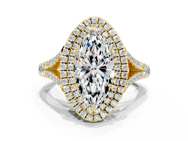 Yellow gold Double Halo Marquise Cut Moissanite Pavé Split Shank Ring with Prong Setting