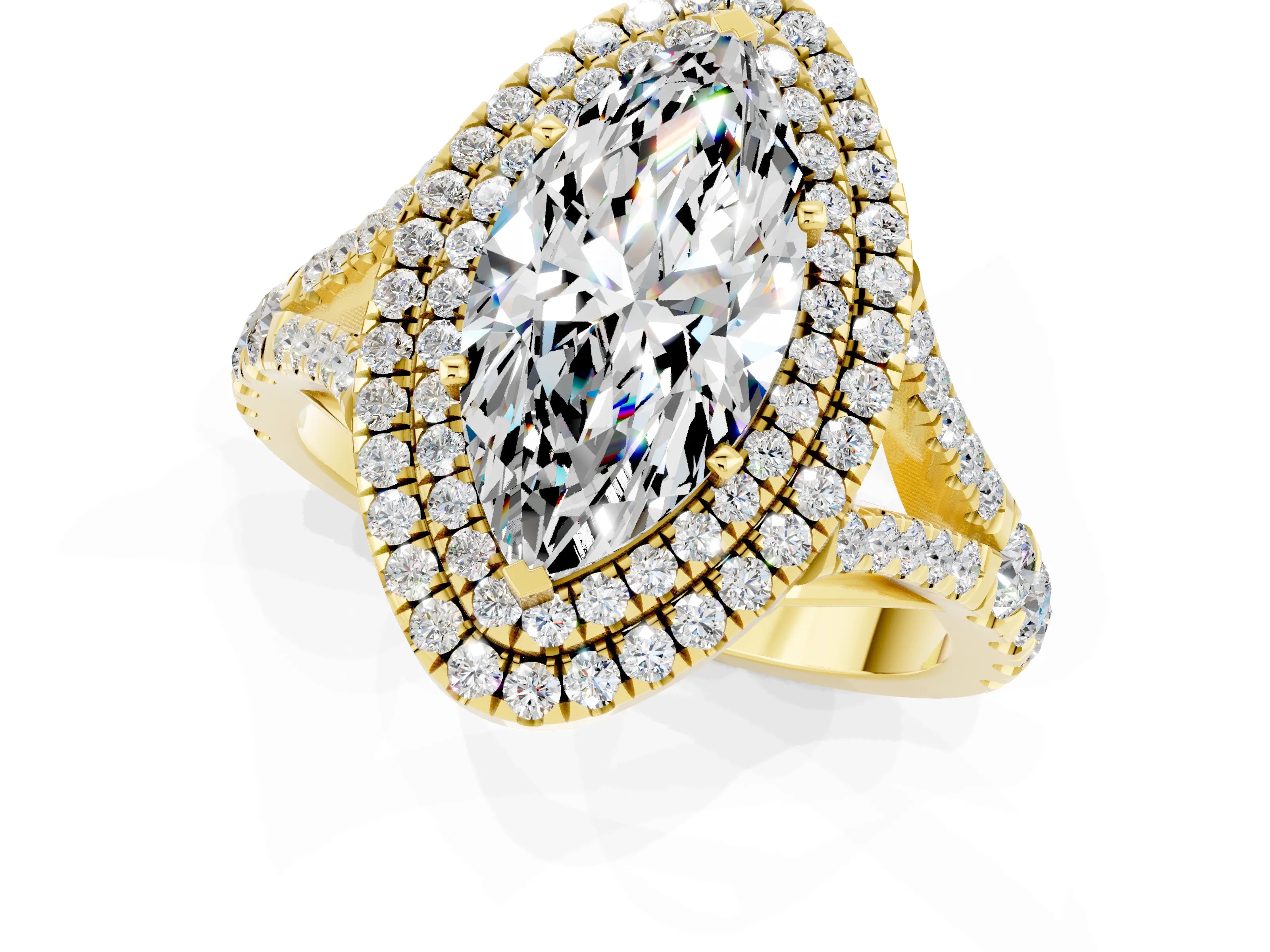 Yellow gold Double Halo Marquise Cut Moissanite Pavé Split Shank Ring with Prong Setting_1