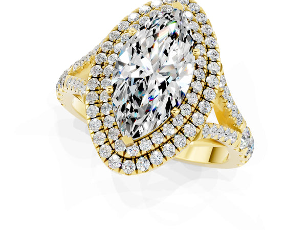 Yellow gold Double Halo Marquise Cut Moissanite Pavé Split Shank Ring with Prong Setting