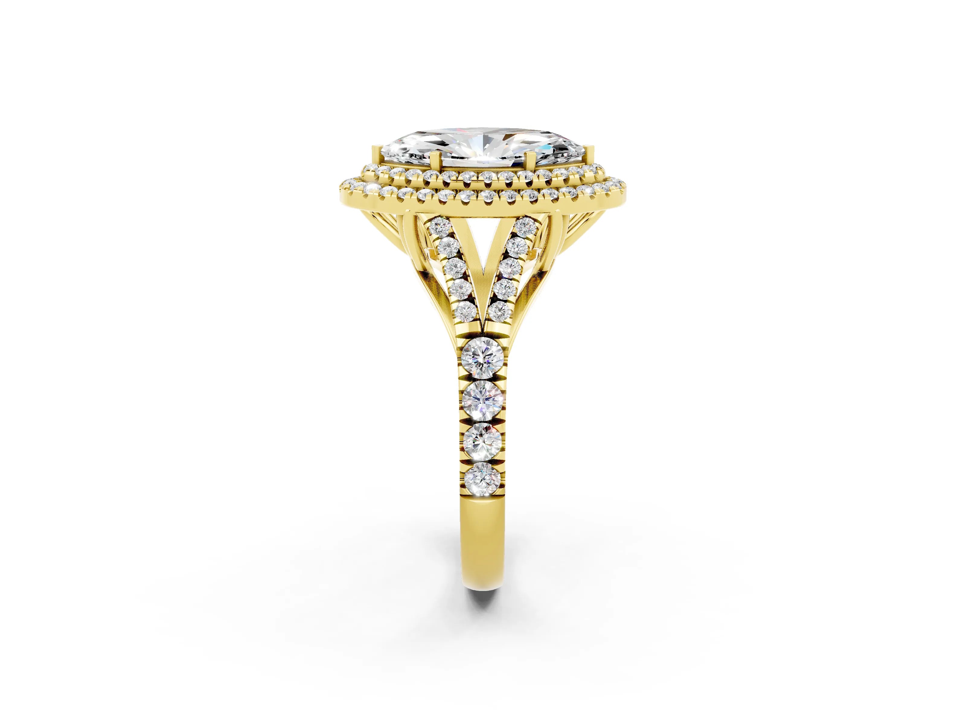 Yellow gold Double Halo Marquise Cut Moissanite Pavé Split Shank Ring with Prong Setting_2