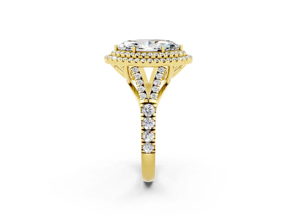 Yellow gold Double Halo Marquise Cut Moissanite Pavé Split Shank Ring with Prong Setting