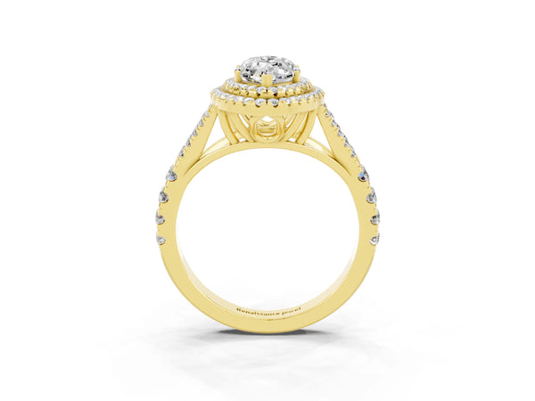 Yellow gold Double Halo Marquise Cut Moissanite Pavé Split Shank Ring with Prong Setting