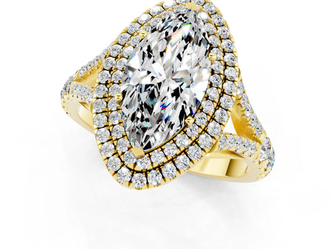 Yellow gold Double Halo Marquise Cut Moissanite Split Shank Engagement Ring with Four-Prong Setting_1