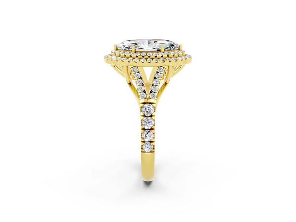 Yellow gold Double Halo Marquise Cut Moissanite Split Shank Engagement Ring with Four-Prong Setting