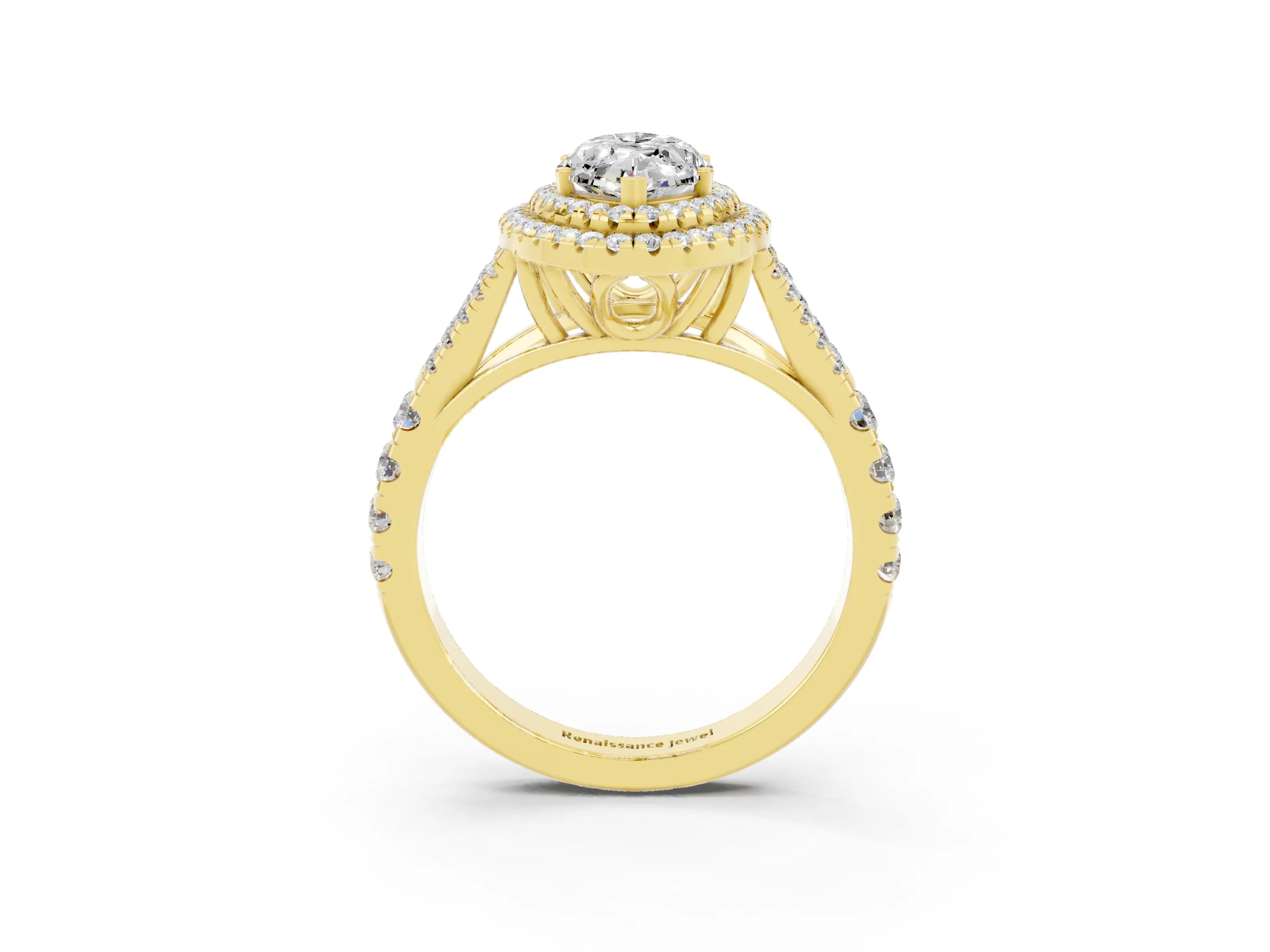 Yellow gold Double Halo Marquise Cut Moissanite Split Shank Engagement Ring with Four-Prong Setting_3