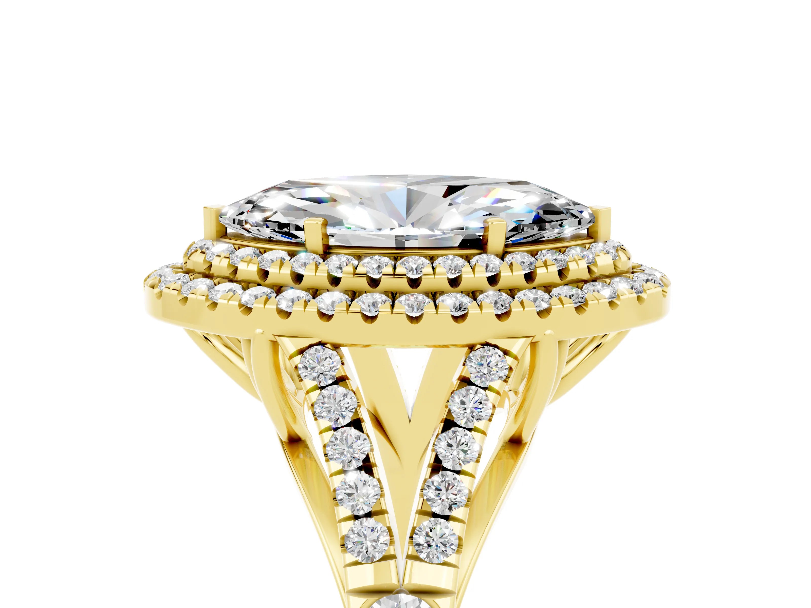 Yellow gold Double Halo Marquise Cut Moissanite Split Shank Engagement Ring with Four-Prong Setting_5