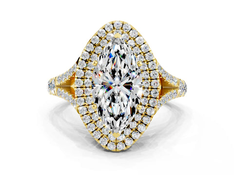 Yellow gold Double Halo Marquise Cut Moissanite Split Shank Engagement Ring with Four-Prong Setting