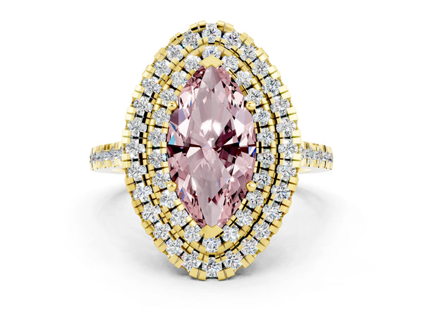 Yellow gold Double Halo Marquise Cut Morganite Pavé Band with Four-Prong Setting