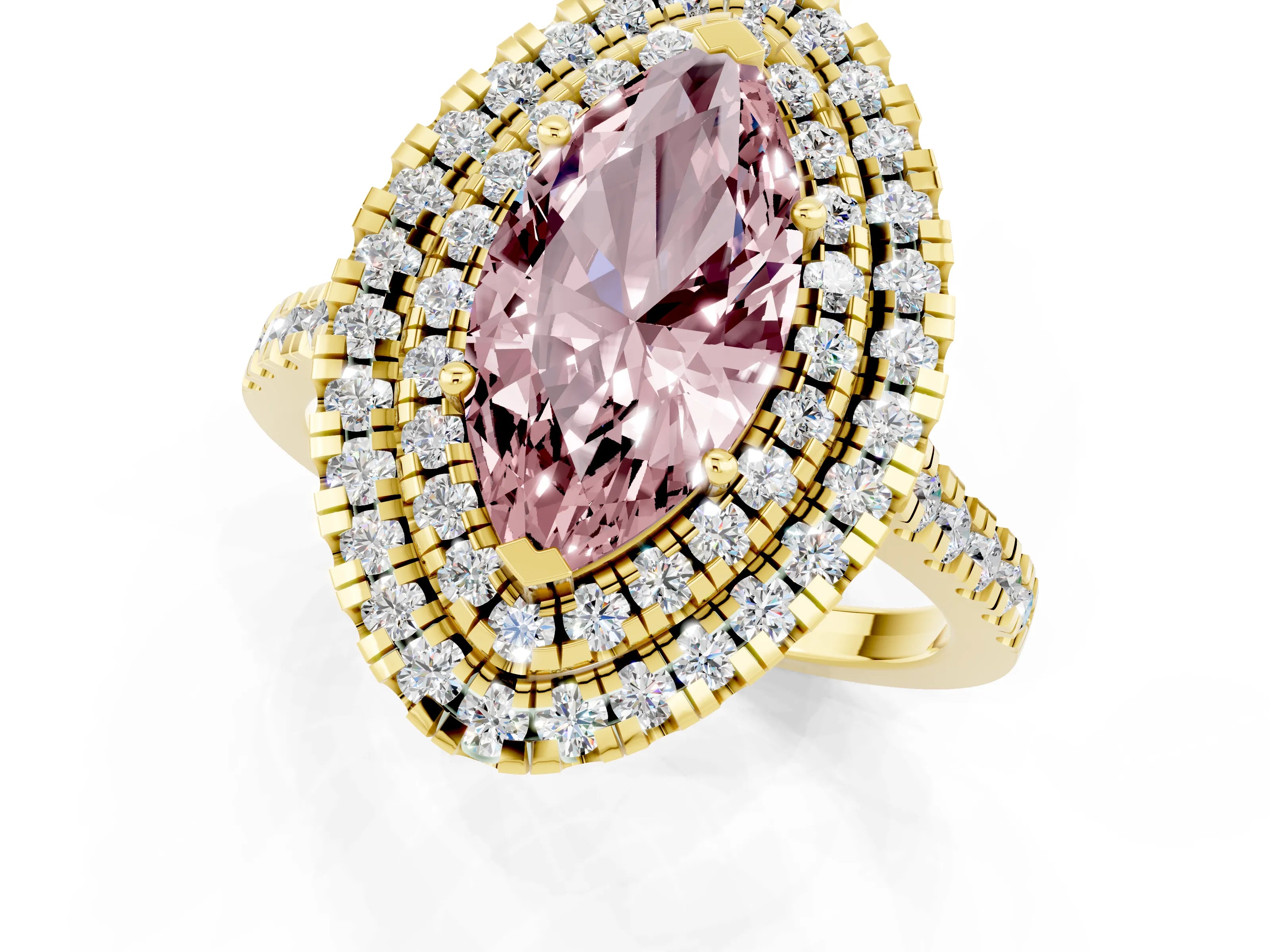 Yellow gold Double Halo Marquise Cut Morganite Pavé Band with Four-Prong Setting_1
