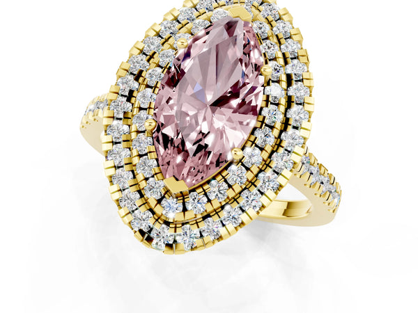 Yellow gold Double Halo Marquise Cut Morganite Pavé Band with Four-Prong Setting