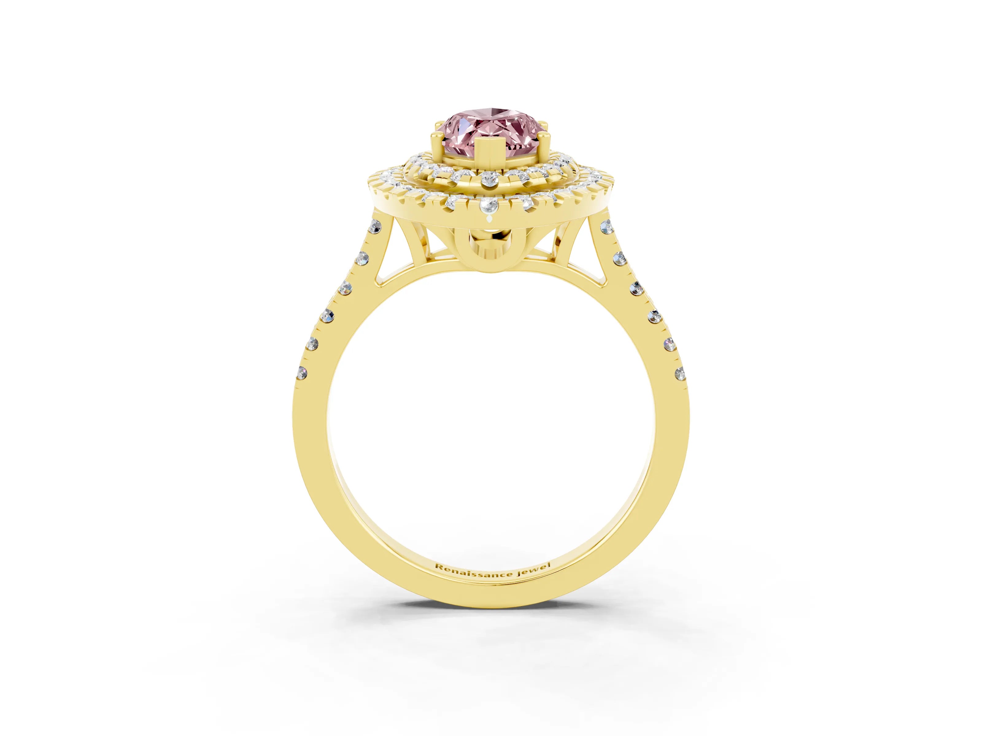 Yellow gold Double Halo Marquise Cut Morganite Pavé Band with Four-Prong Setting_3