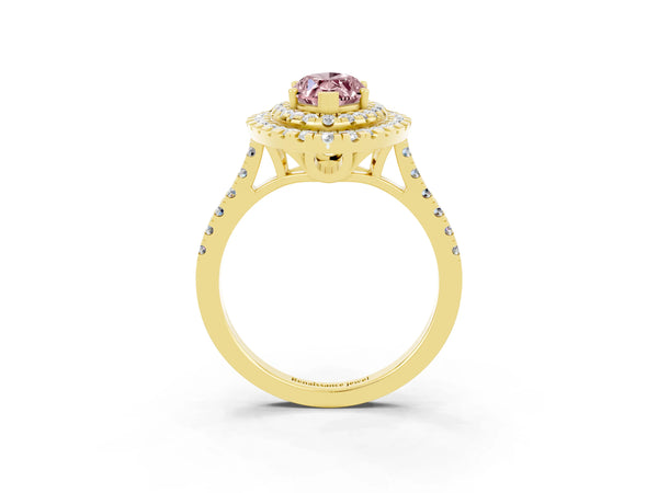 Yellow gold Double Halo Marquise Cut Morganite Pavé Band with Four-Prong Setting
