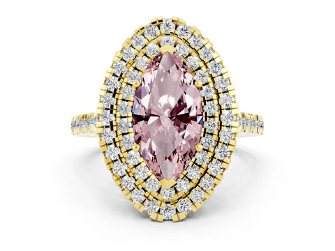 Yellow gold Double Halo Marquise Cut Morganite Pavé Band with Four-Prong Setting
