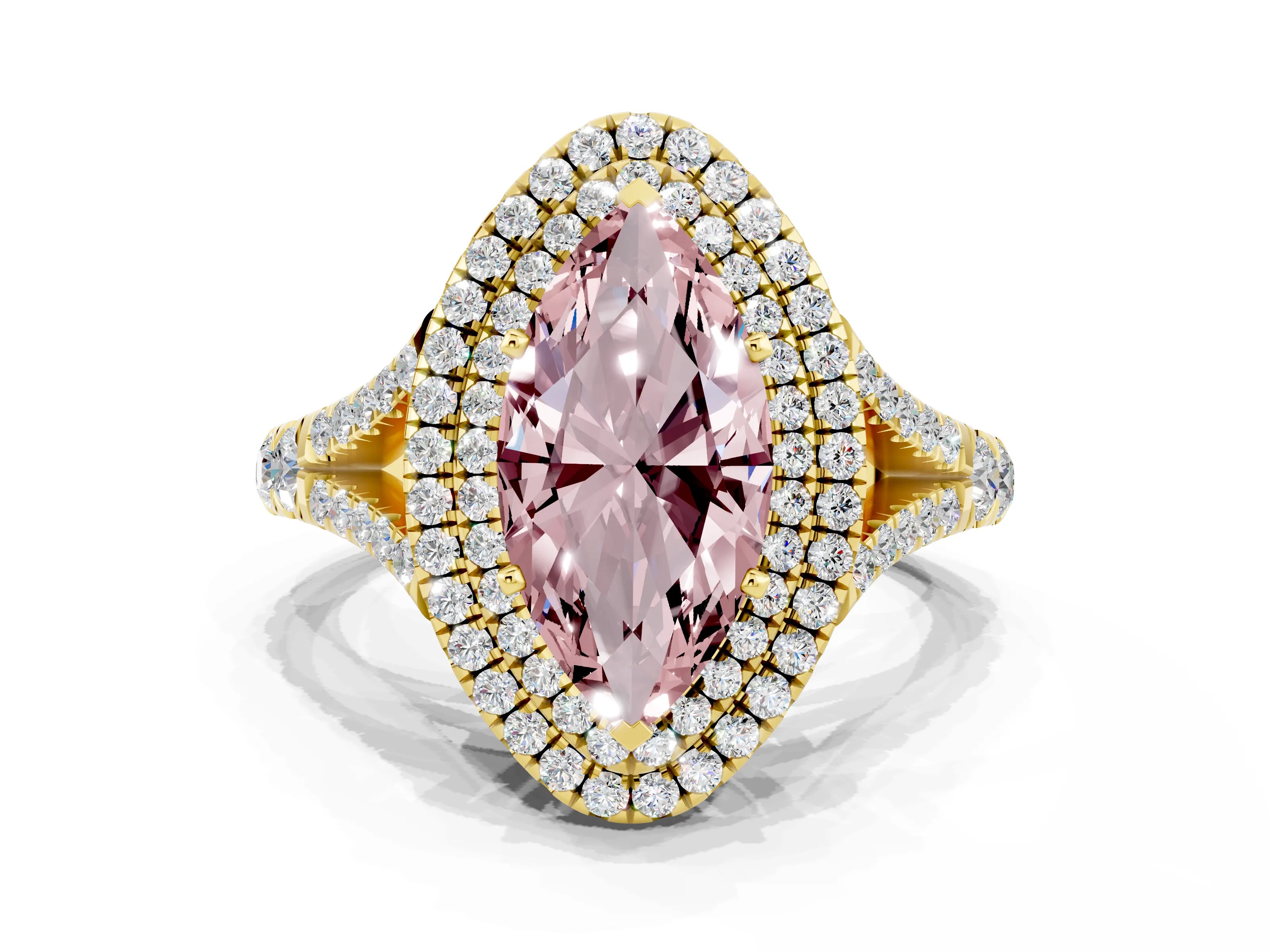 Yellow gold Double Halo Marquise Cut Morganite Pavé Split Shank Ring with Prong Setting