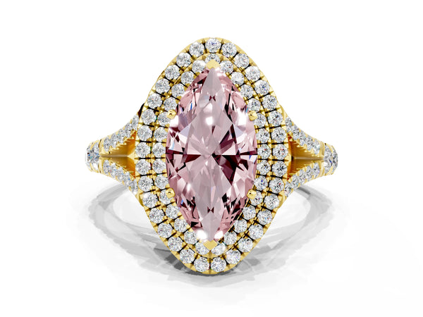 Yellow gold Double Halo Marquise Cut Morganite Pavé Split Shank Ring with Prong Setting