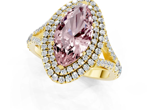 Yellow gold Double Halo Marquise Cut Morganite Pavé Split Shank Ring with Prong Setting