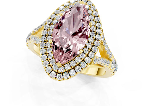 Yellow gold Double Halo Marquise Cut Morganite Pavé Split Shank Ring with Prong Setting_1