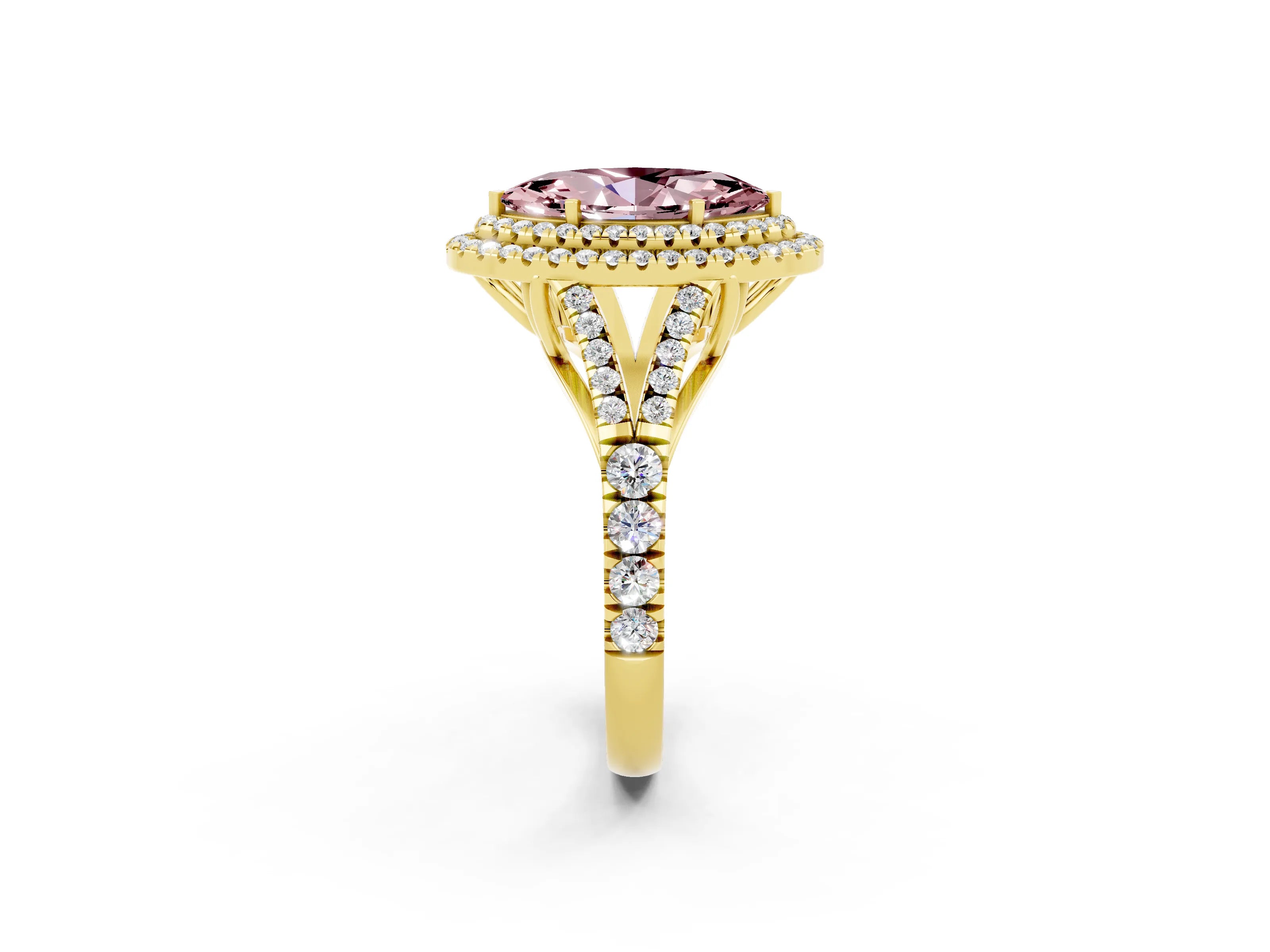 Yellow gold Double Halo Marquise Cut Morganite Pavé Split Shank Ring with Prong Setting_2
