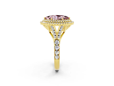 Yellow gold Double Halo Marquise Cut Morganite Pavé Split Shank Ring with Prong Setting_2