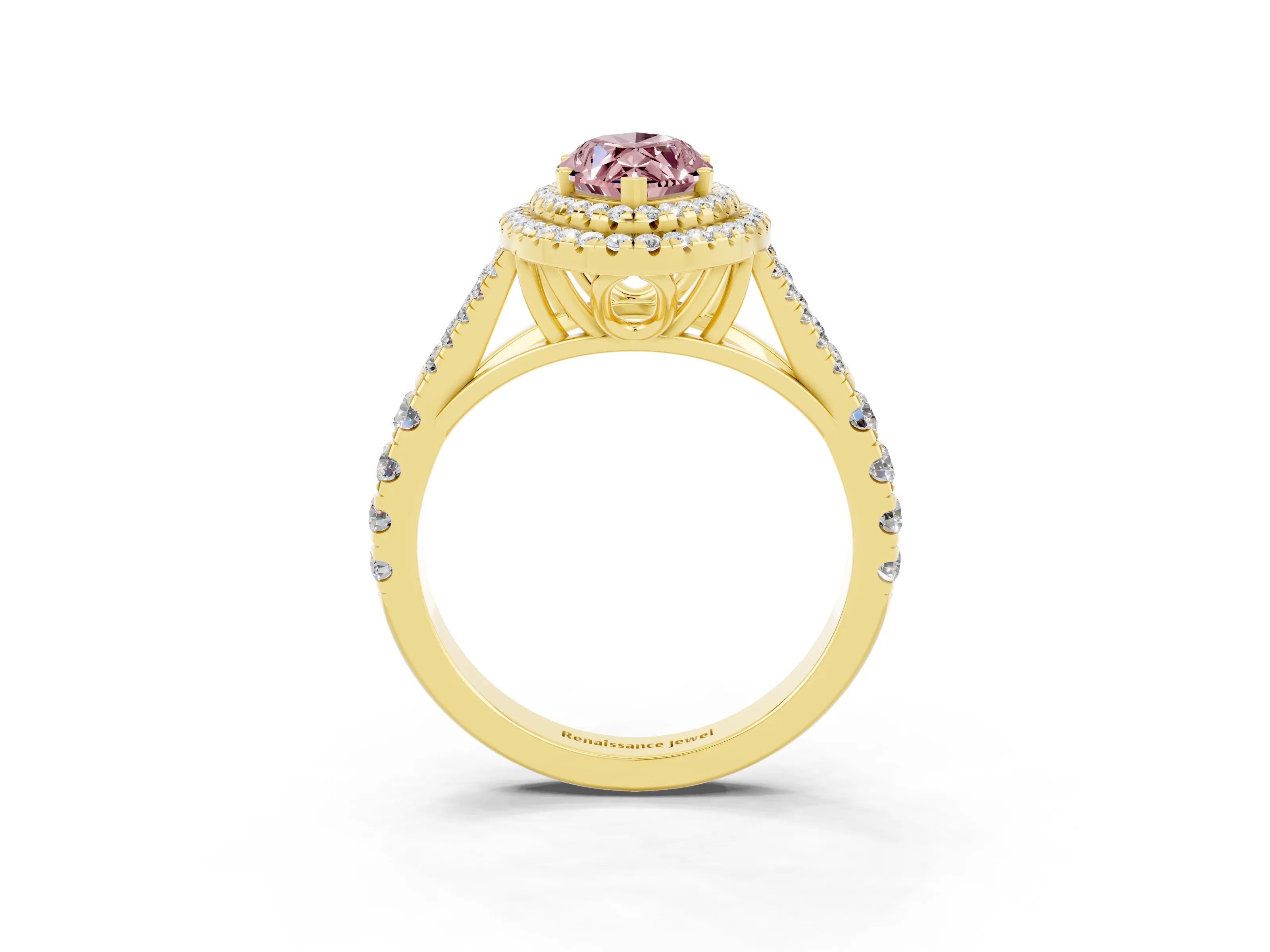 Yellow gold Double Halo Marquise Cut Morganite Pavé Split Shank Ring with Prong Setting_3
