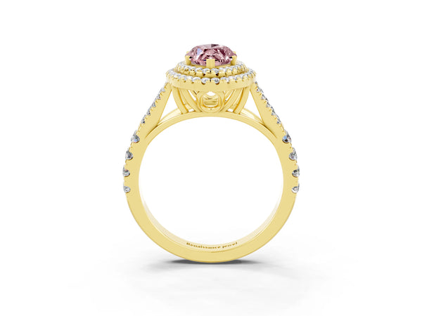 Yellow gold Double Halo Marquise Cut Morganite Pavé Split Shank Ring with Prong Setting