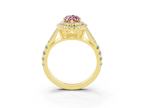 Yellow gold Double Halo Marquise Cut Morganite Pavé Split Shank Ring with Prong Setting_3