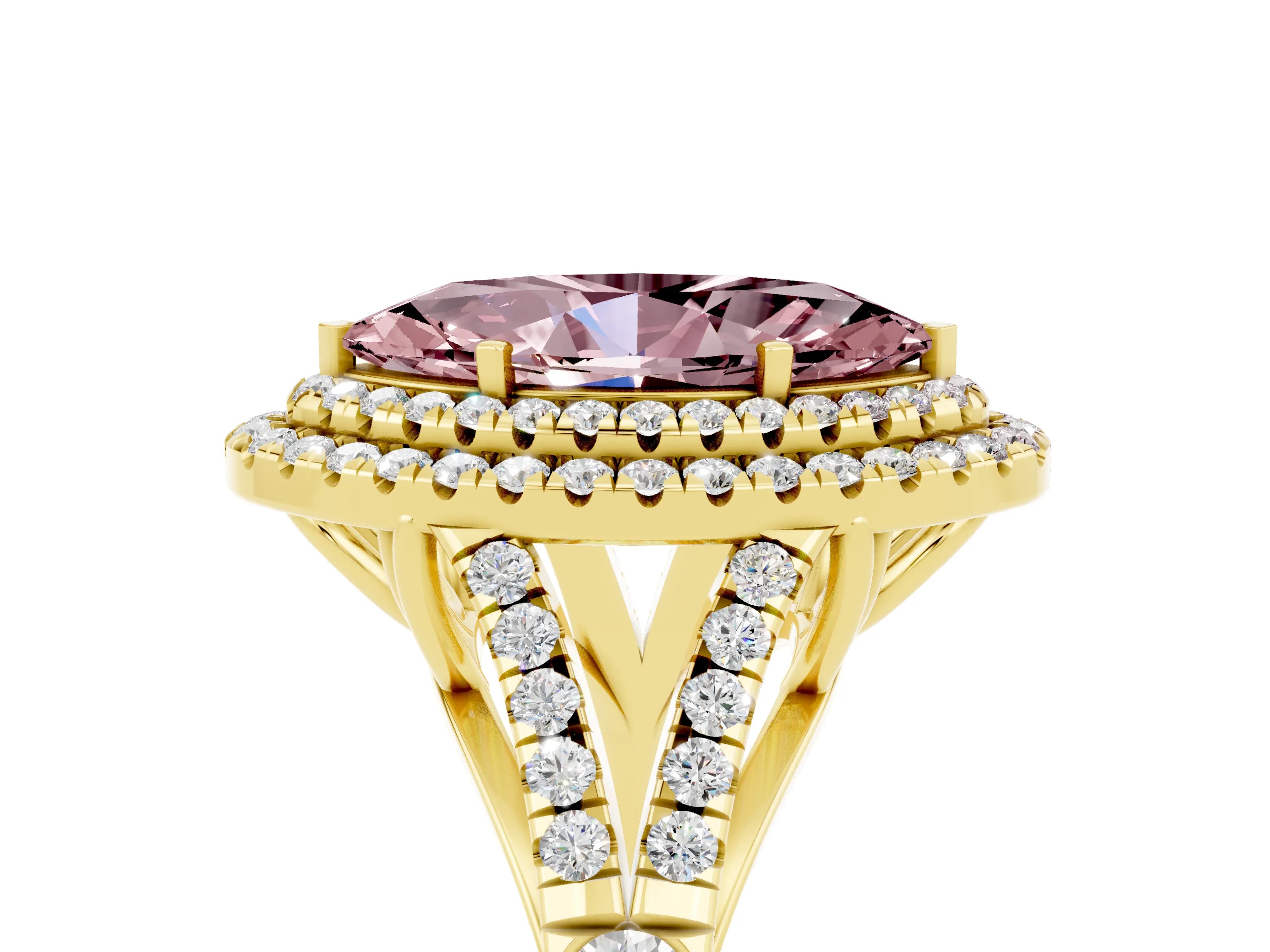 Yellow gold Double Halo Marquise Cut Morganite Pavé Split Shank Ring with Prong Setting_5