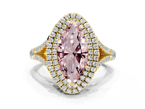 Yellow gold Double Halo Marquise Cut Morganite Pavé Split Shank Ring with Prong Setting