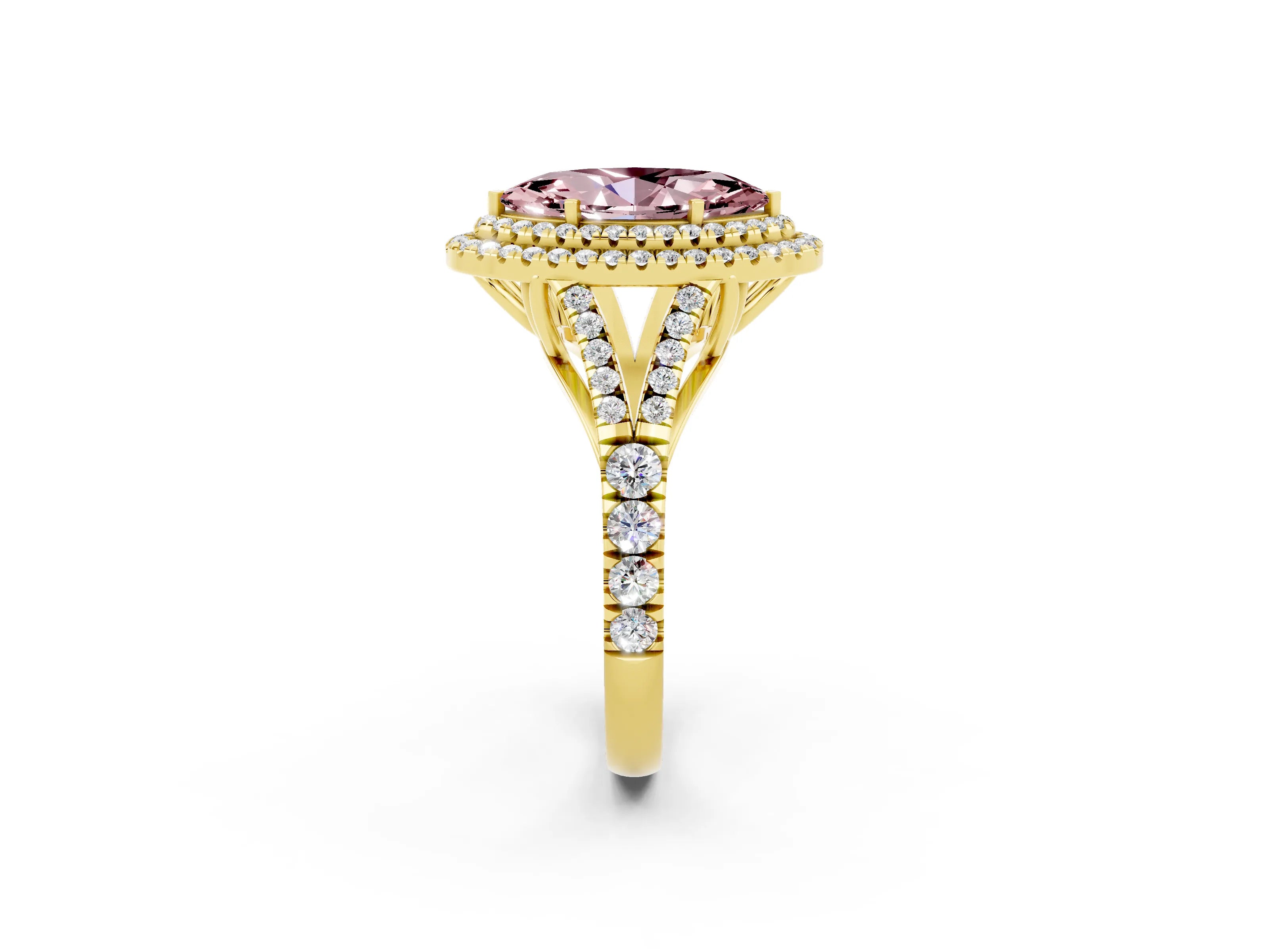 Yellow gold Double Halo Marquise Cut Morganite Split Shank Engagement Ring with Four-Prong Setting_2