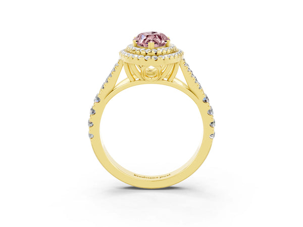 Yellow gold Double Halo Marquise Cut Morganite Split Shank Engagement Ring with Four-Prong Setting