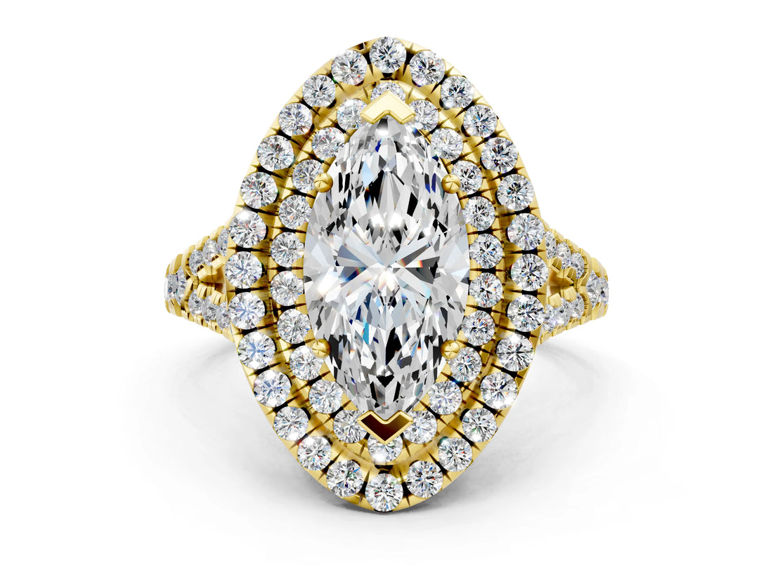 Yellow gold Double Halo Marquise Cut Pave Split Shank Prong Set Ring_15