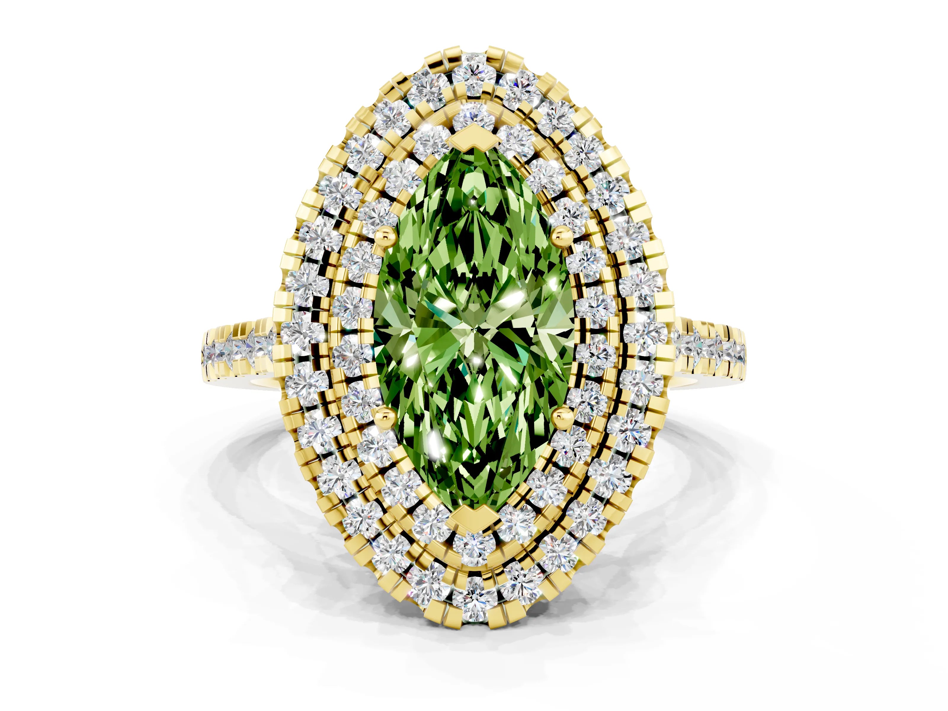 Yellow gold Double Halo Marquise Cut Peridot Pavé Band with Four-Prong Setting