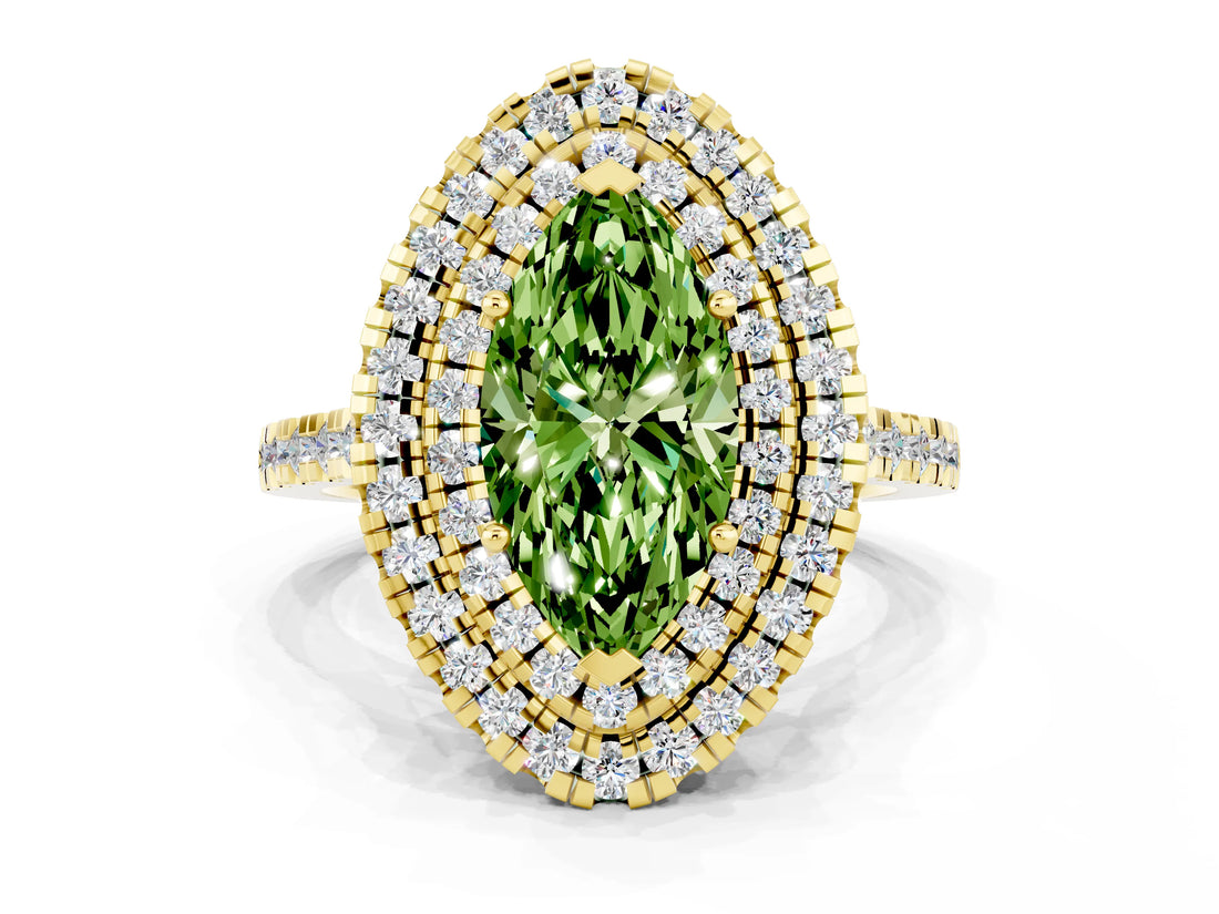 Yellow gold Double Halo Marquise Cut Peridot Pavé Band with Four-Prong Setting