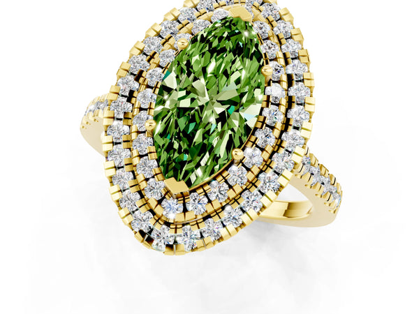 Yellow gold Double Halo Marquise Cut Peridot Pavé Band with Four-Prong Setting