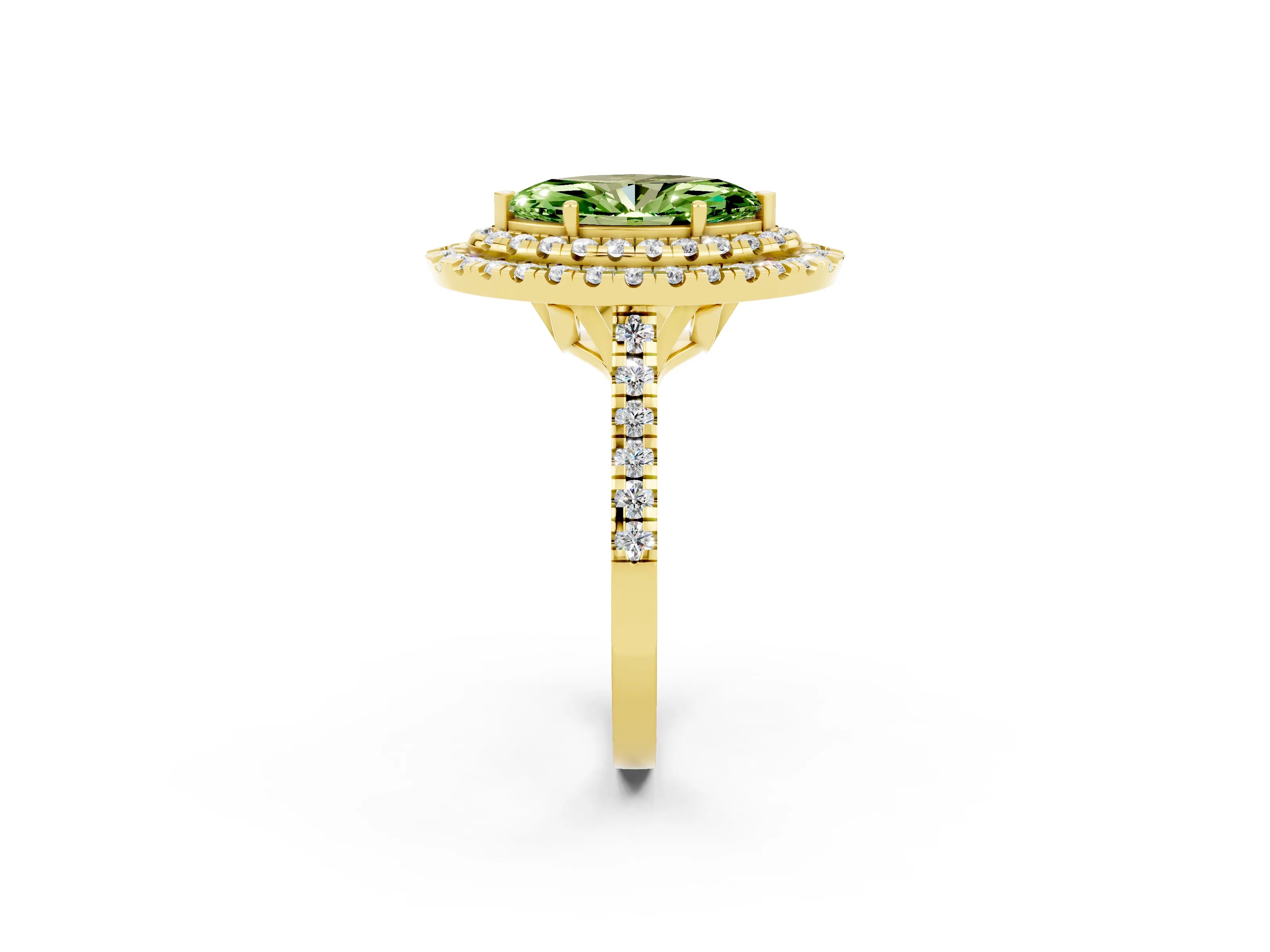 Yellow gold Double Halo Marquise Cut Peridot Pavé Band with Four-Prong Setting_2