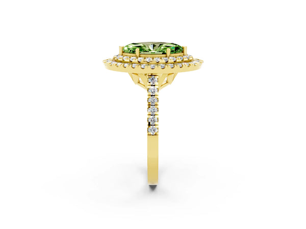 Yellow gold Double Halo Marquise Cut Peridot Pavé Band with Four-Prong Setting