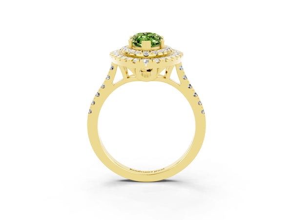 Yellow gold Double Halo Marquise Cut Peridot Pavé Band with Four-Prong Setting