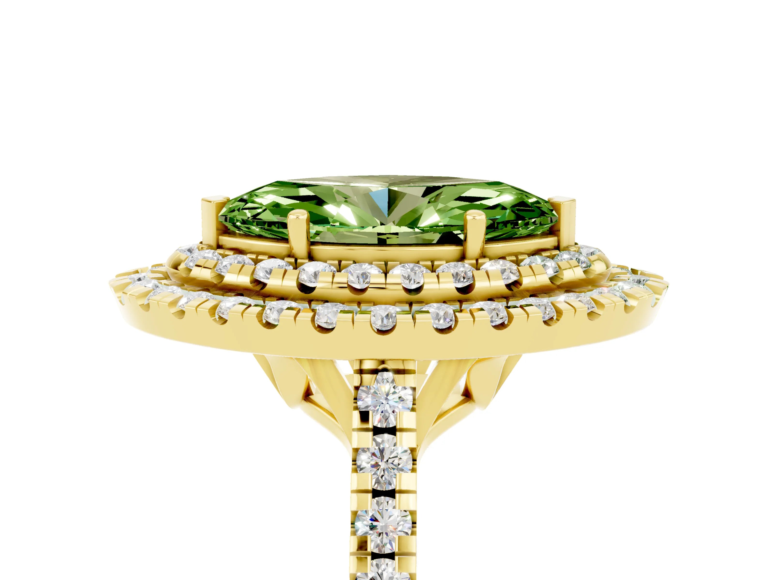 Yellow gold Double Halo Marquise Cut Peridot Pavé Band with Four-Prong Setting_5