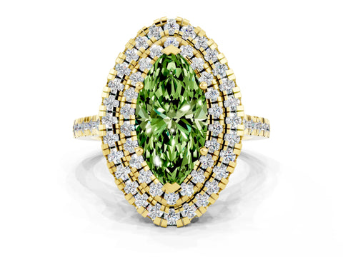 Yellow gold Double Halo Marquise Cut Peridot Pavé Band with Four-Prong Setting
