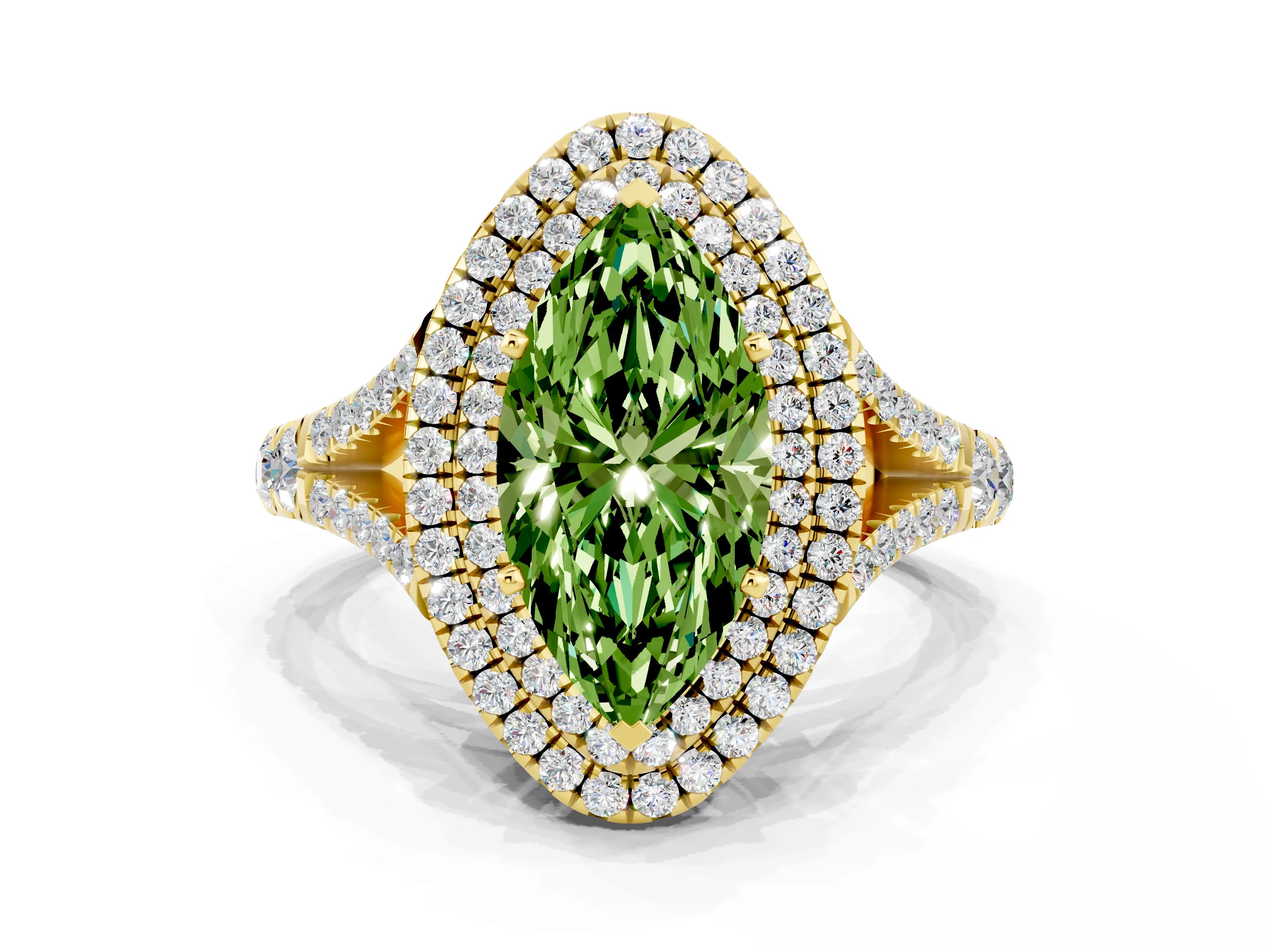Yellow gold Double Halo Marquise Cut Peridot Pavé Split Shank Ring with Prong Setting
