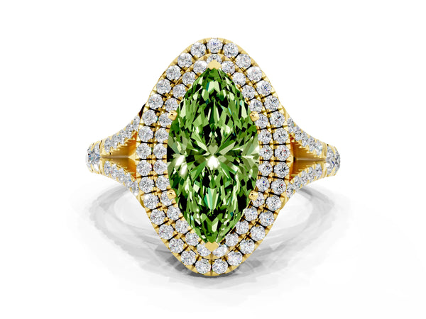 Yellow gold Double Halo Marquise Cut Peridot Pavé Split Shank Ring with Prong Setting